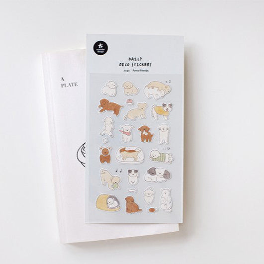 Pack of stickers with dog illustrations on a white background
