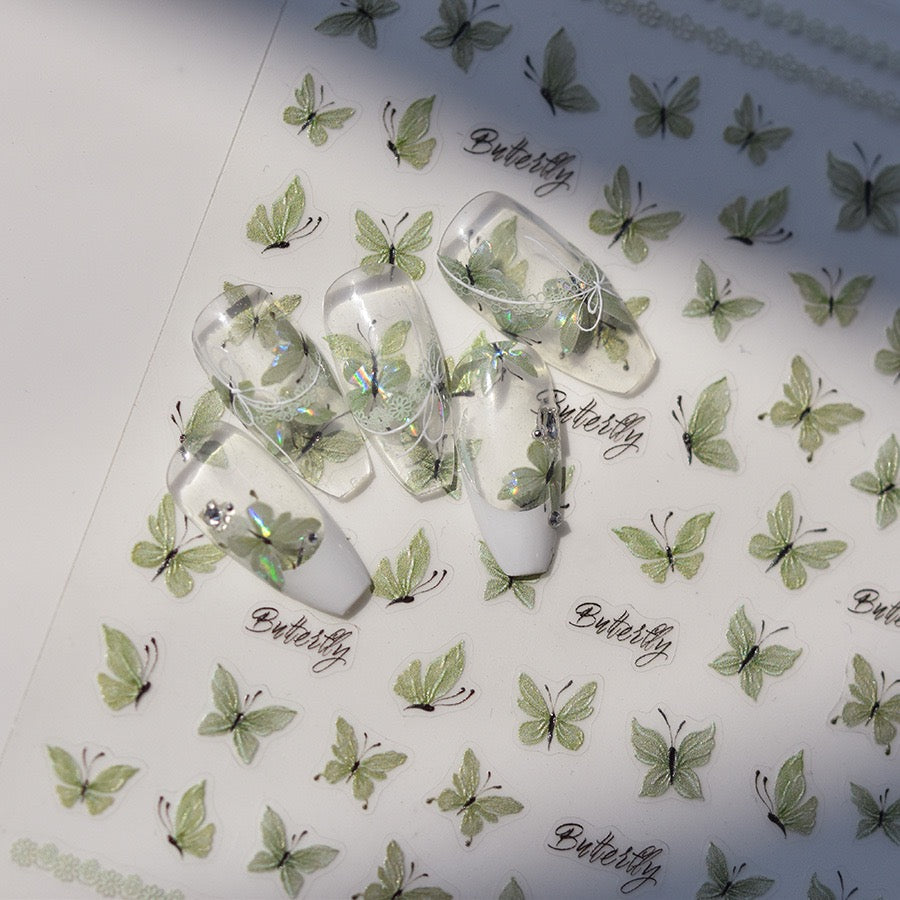Crystal Green Butterfly 5D Embossed Pattern Design Nail Deco Sticker