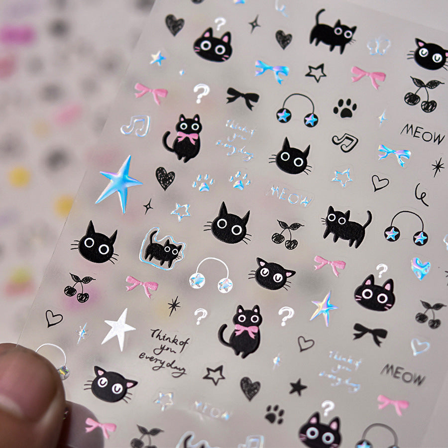 Black Silver Kitty Nail Deco Sticker