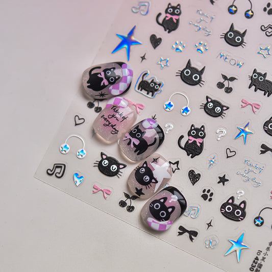 Black Silver Kitty Nail Deco Sticker