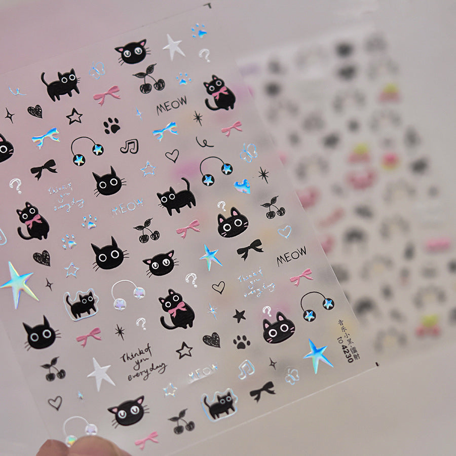 Black Silver Kitty Nail Deco Sticker