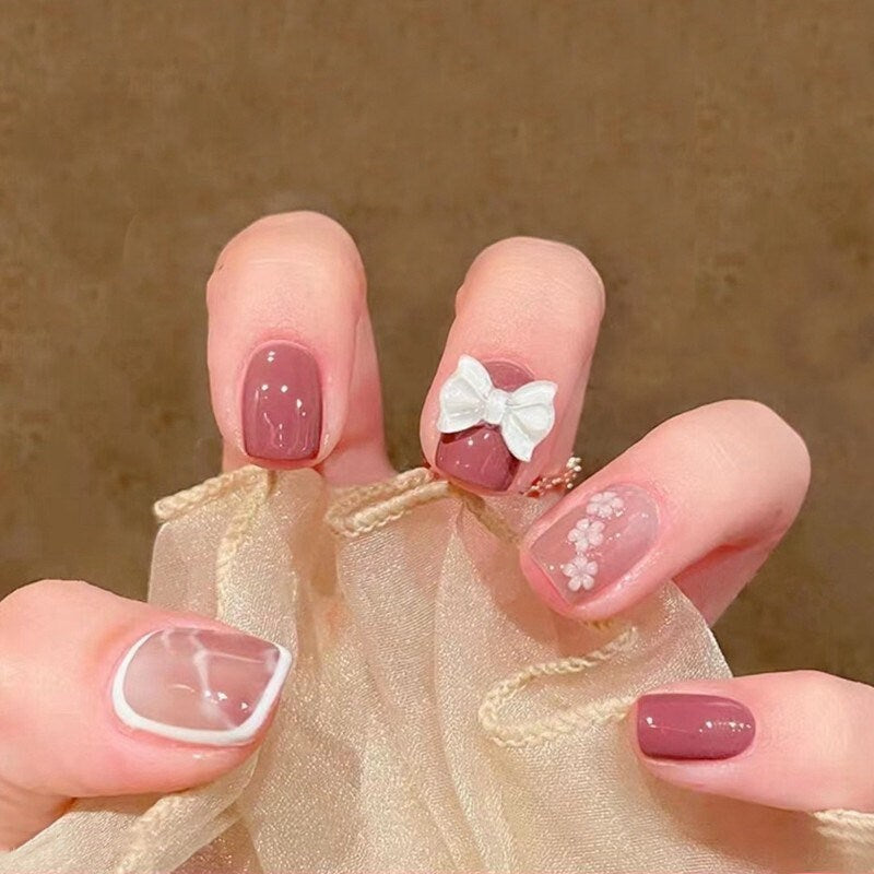 Pink Cherry Flower Pastel Short Press On Nail
