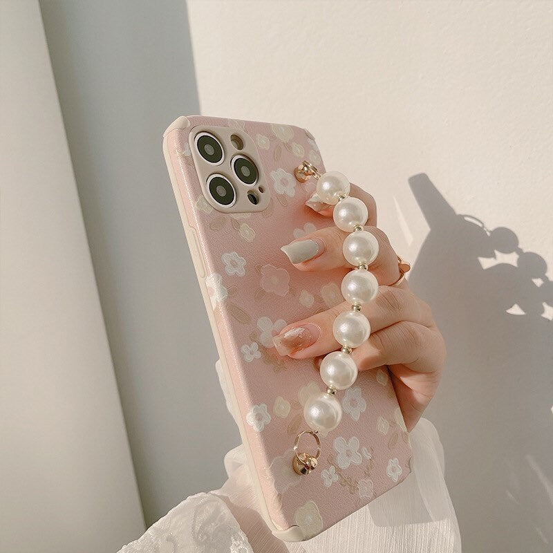 Pink blossoms iPhone case with pearl chain