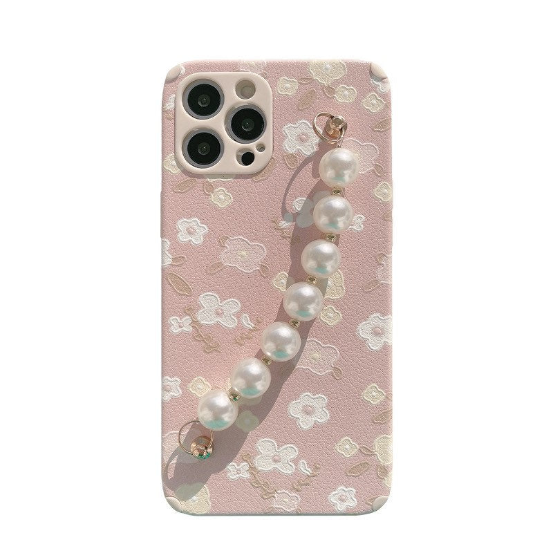 Pink blossoms iPhone case with pearl chain