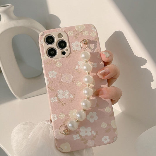 Pink blossoms iPhone case with pearl chain