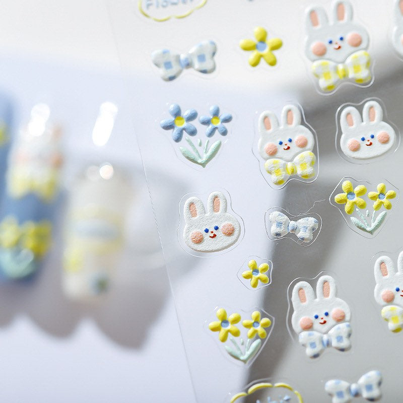 Flowering Shrubs Bunny Embossed Pattern Design Nail Deco Sticker