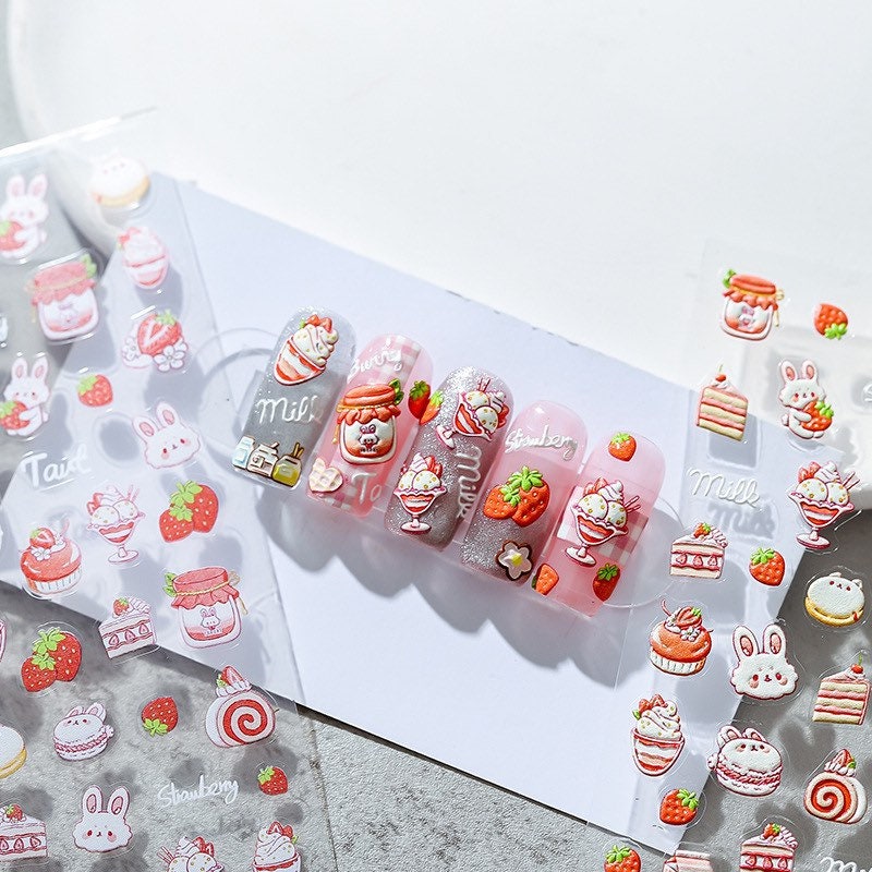 Strawberry Cake Bunny Embossed Pattern Design Nail Deco Sticker