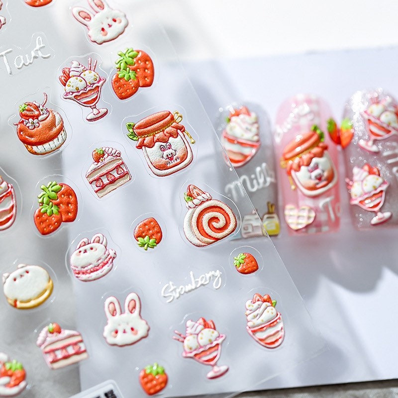 Strawberry Cake Bunny Embossed Pattern Design Nail Deco Sticker