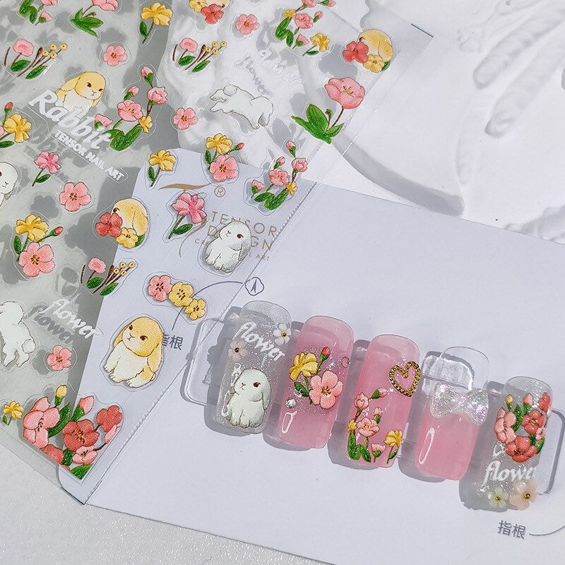 Pink Rose Bunny Embossed Pattern Design Nail Deco Sticker
