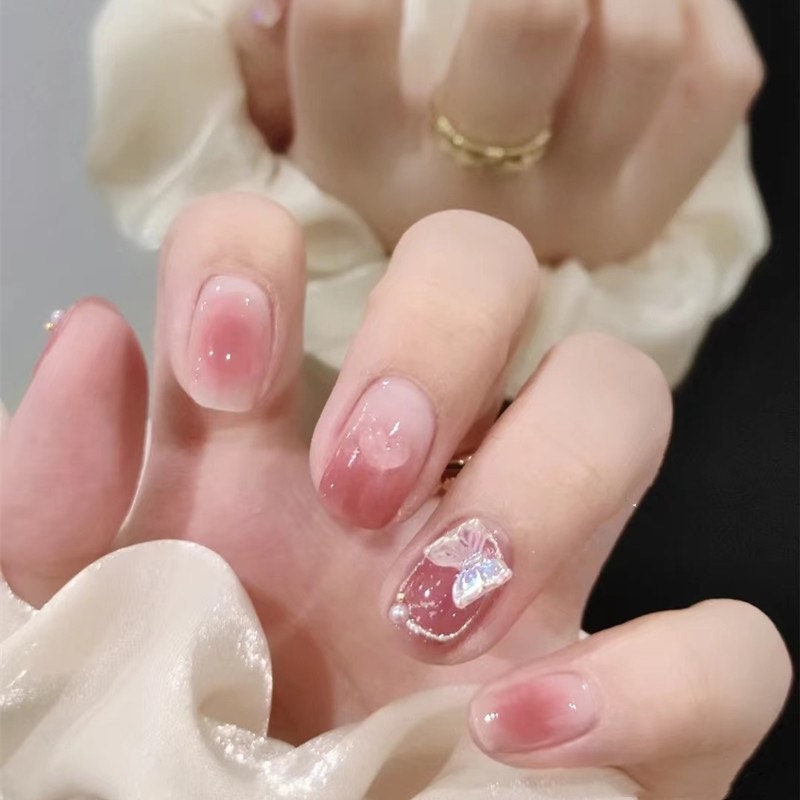 Crystal Heart Butterfly Pastel Short Press On Nail