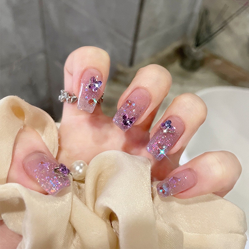 Crystal Butterfly Pastel Short Press On Nail
