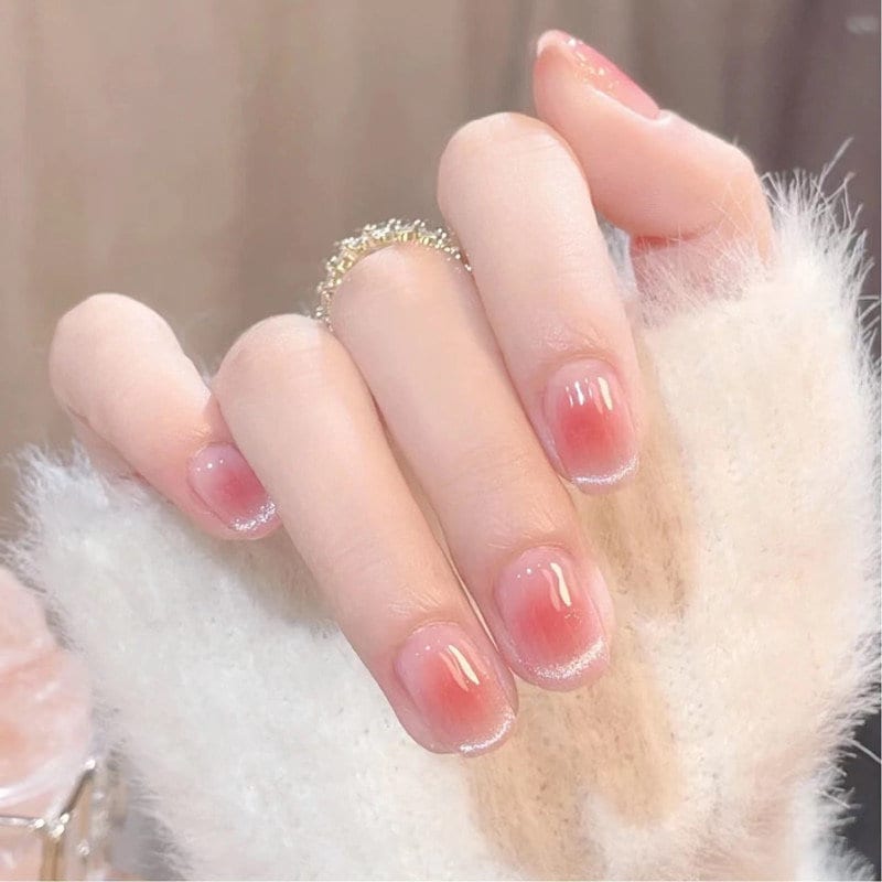 Pink Blush Sliver Cat Eye Short Pastel Glitter Press On Nail